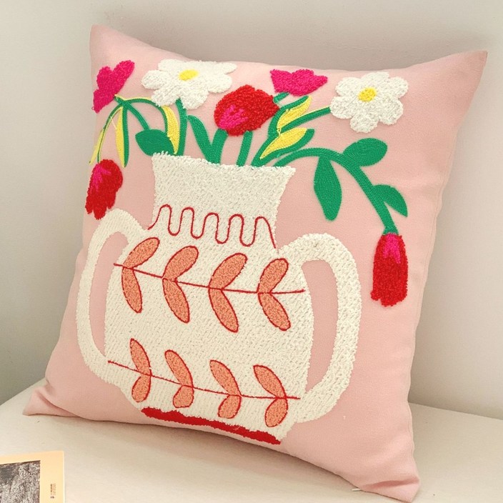 벤스투 쿠션빵빵 핸드메이드 꽃자수 소파 쿠션 솜포함, 분홍꽃병