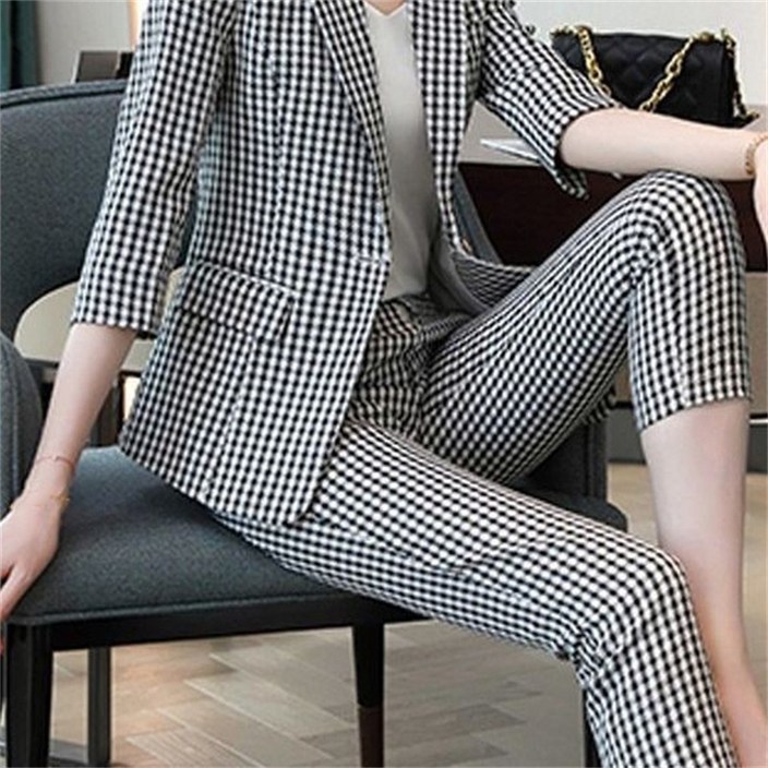 AOKADA 여성 봄 여름 7분 소매 정장 자켓 9부 바지 상하의 세트 투피스 오피스룩