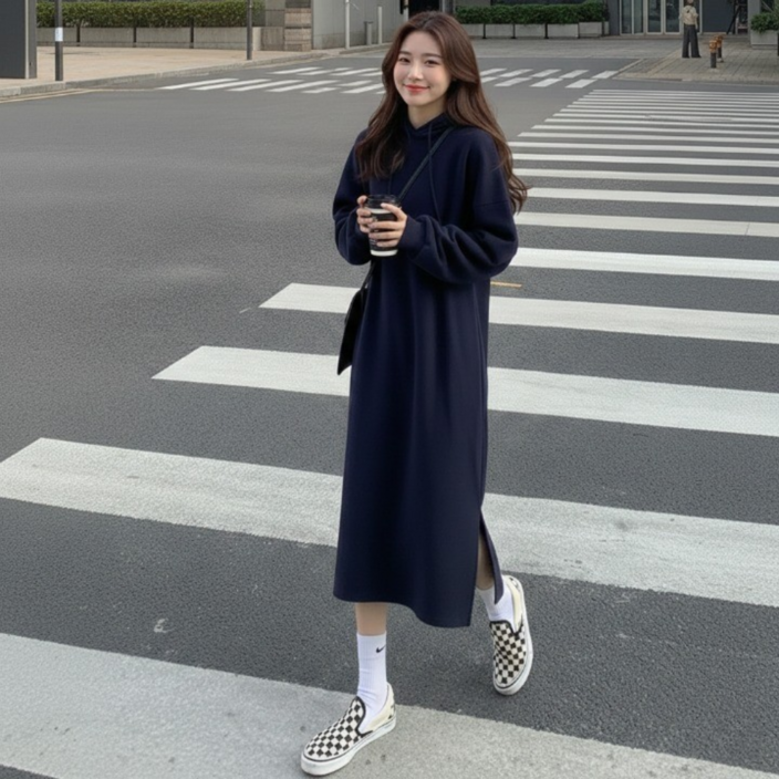 리파니 루즈핏 맨투맨 옆트임 기모 후드 롱 원피스