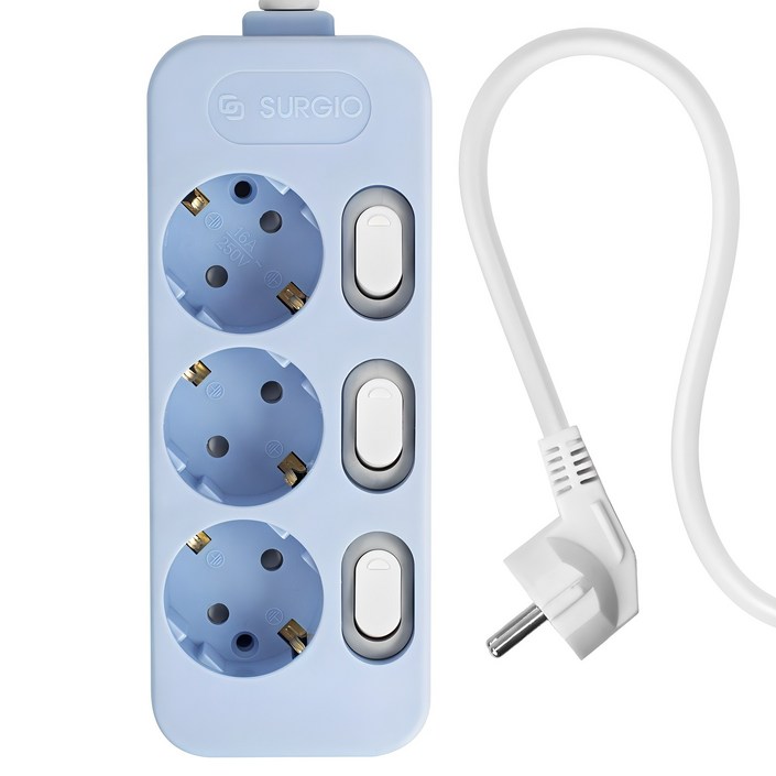 써지오 컬러 개별 멀티탭 전선형 3구 DH-2039-RT, 3m, 소프트블루, 1개