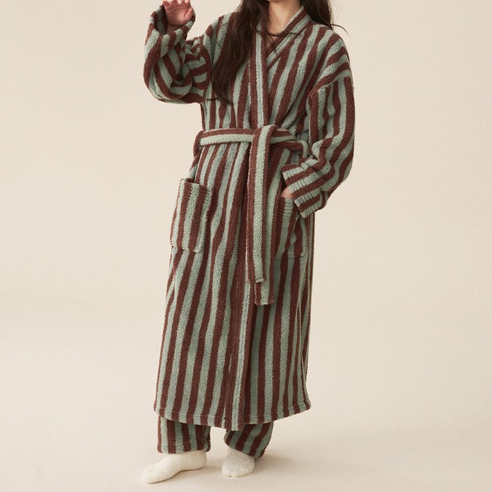 더자카 플러피 스트라이프 홈로브 목욕가운 M