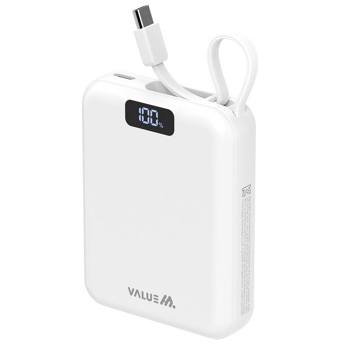 밸류엠 PD 22.5W 고속충전 케이블 일체형 미니 보조배터리 10000mAh C타입, 화이트, VMB2PA10MNCP