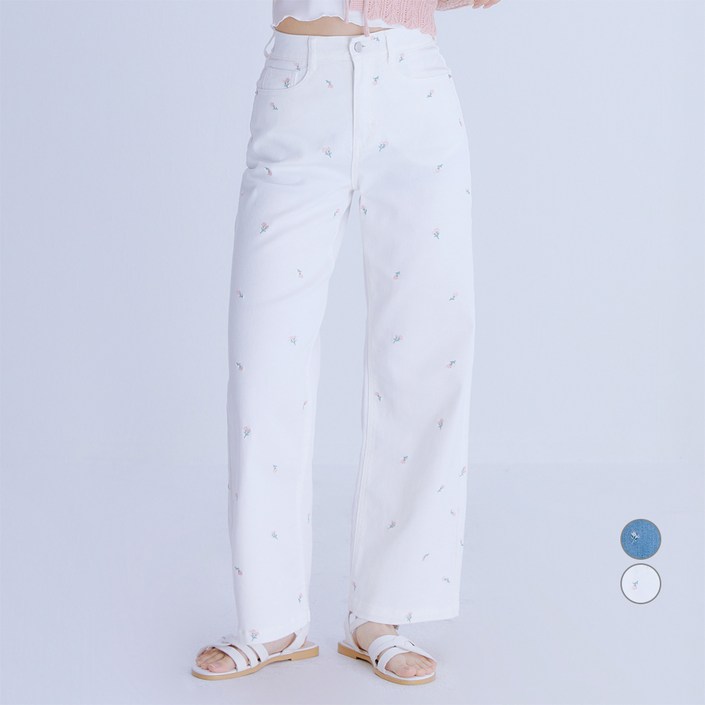 로엠 여성용 플라워 자수 데님 바지