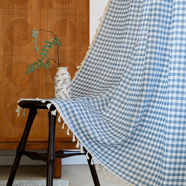 지앤와이 베이직 깅엄 체크패턴 태슬 커튼