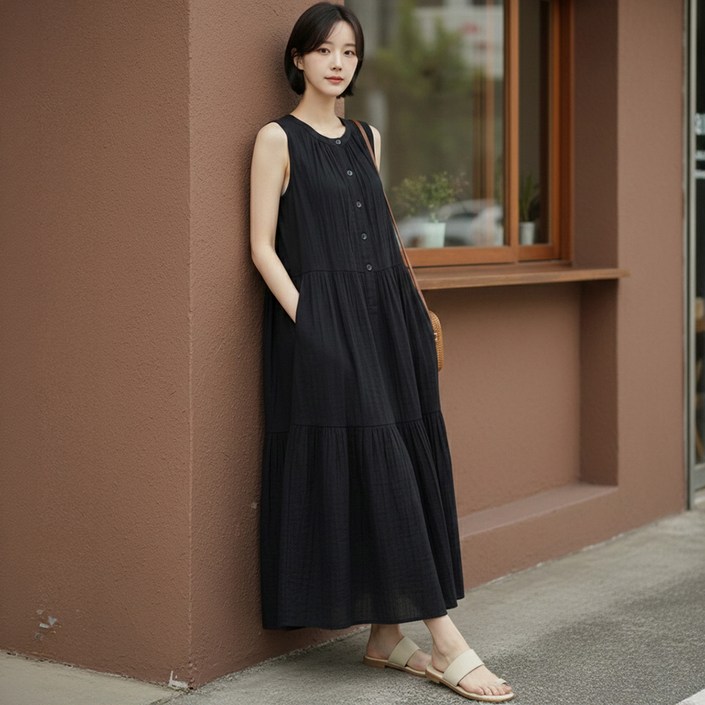 아뗄릭 리체 빅사이즈 단추 나시 롱 원피스 11526