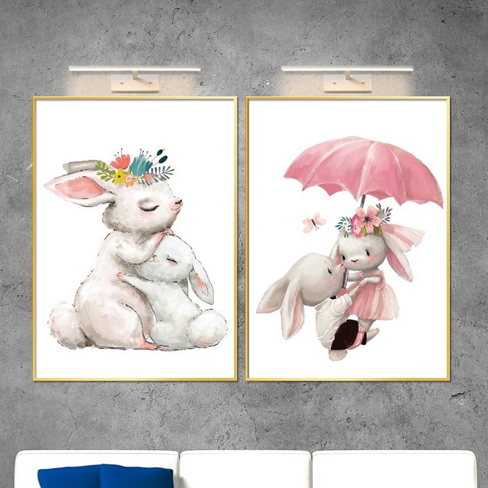 보고아트 아이방 아기방 꾸미기 소품 토끼 동물 그림 액자, 1번 엄마랑 아기토끼B 2번 우산쓴 토끼부부세트