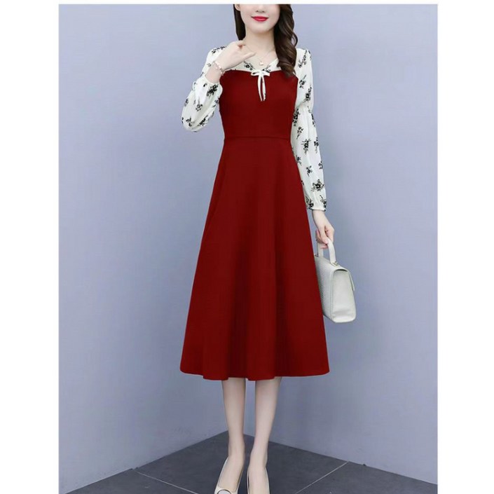 COSYEVNO 여성 긴팔 원피스 리본 장식 데일리 캐주얼 슬림핏 클래식 시크 가을 미디스커트 CXlyq7