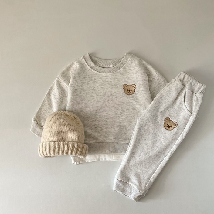 [KC인증] 아동 남녀공용 곰 자수 상하복 세트 그레이 캐주얼 아기옷 봄가을