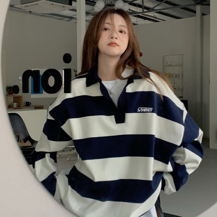 SAHINER 봄 여성용 스트라이프 카라 루즈핏 긴팔티 캐주얼 데일리 스포티 BWY19