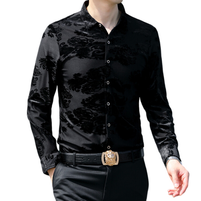 남자 댄스복 벨벳 긴팔 셔츠 용무늬 자카르 캐주얼 셔츠