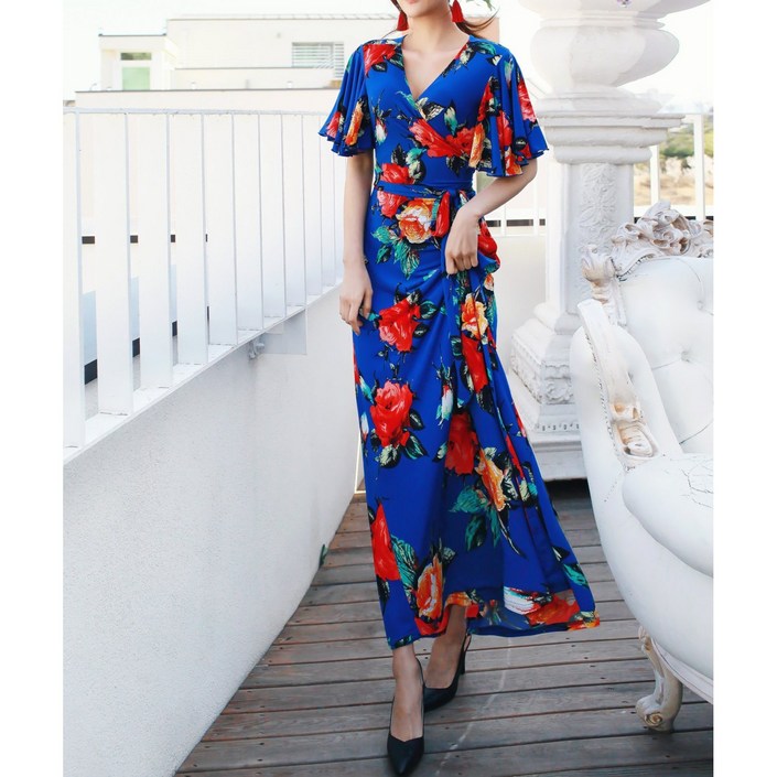 플라워 프릴소매 랩원피스/맥시원피스/럭셔리원피스