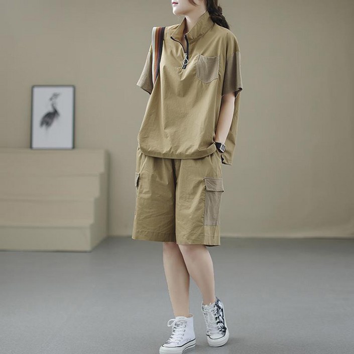 POMTOR 여름 지퍼 하이넥 캐주얼 와이드 반바지 티셔츠 세트 POMTOR 여름 지퍼 하이넥 캐주얼 와이드 반바지 티셔츠 세트