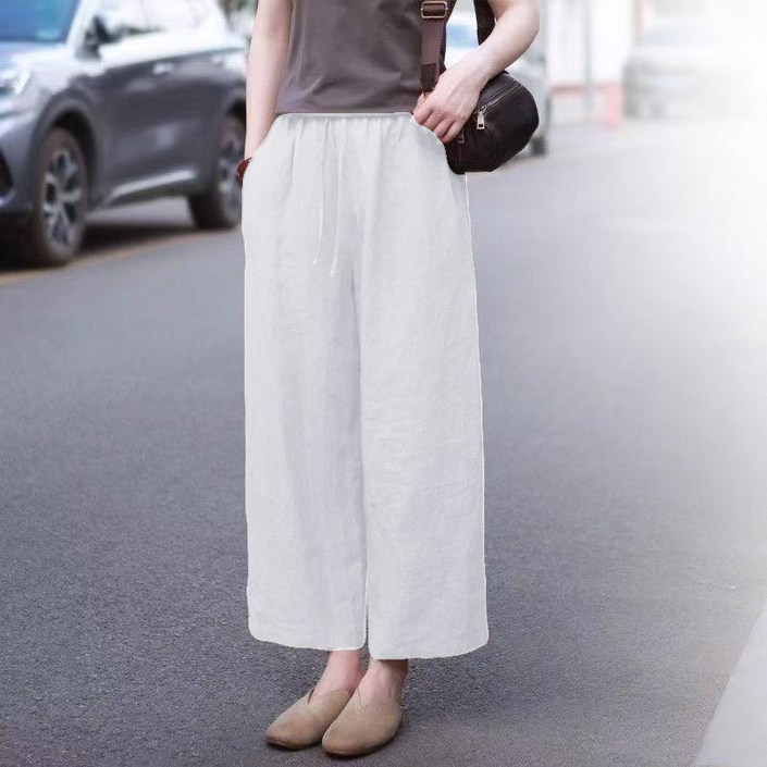 여성 순면 긴바지 봄여름 문예풍 캐주얼 9부 와이드 팬츠 빅사이즈 루즈핏 솔리드 밴딩 허리 날씬해 보이는 슬랙스