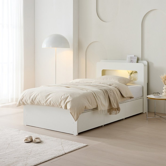 플레시아 무헤드 라운드 LED 3단 빅서랍 멀티 수납 침대 프레임