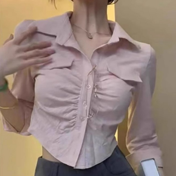 나인클로젯 셔링 주름 크롭 여성 셔츠 봄 가을 짧은 블라우스