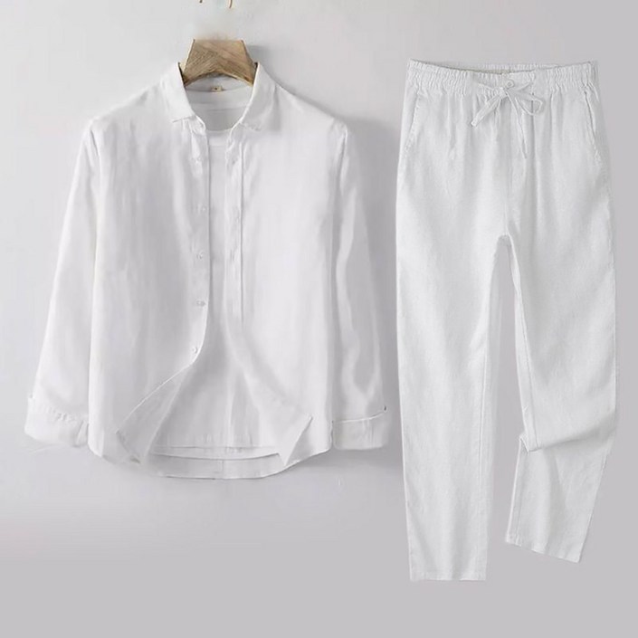 지고다그 남성 린넨 투피스 긴팔 셔츠 바지 세트 캐주얼 중년 남자 여름 간절기 HH1748