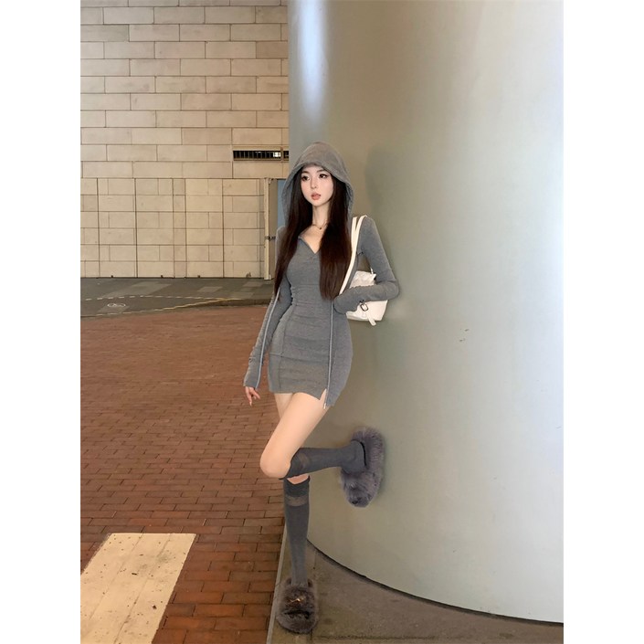 싱싱덴덩 여성 겨울 원피스 후드 힙업 스커트 스트링
