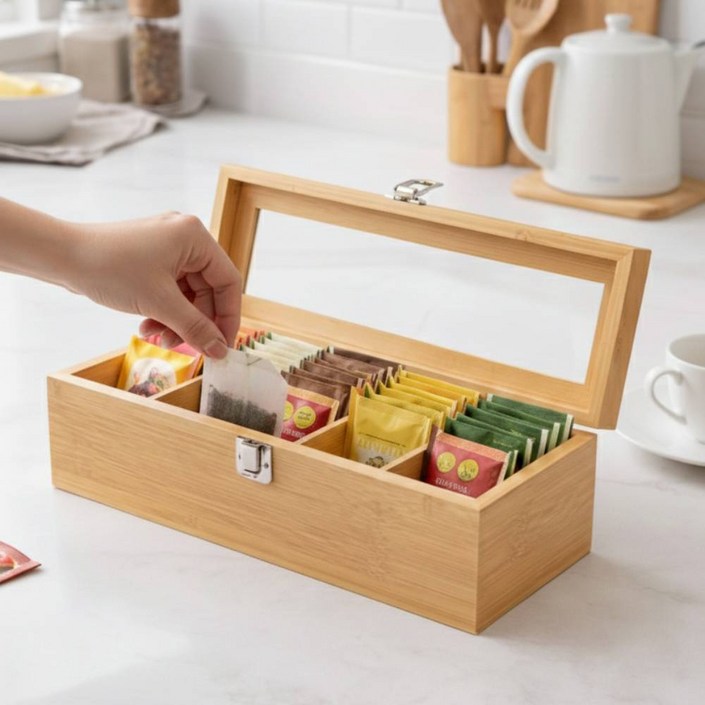 테르오 칸칸이 분리형 원목 티백 정리함, 1개, 우드