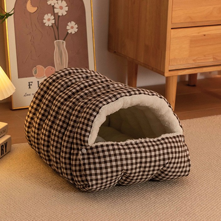 달리발리 체크 쿠션 애완동물 하우스 동굴형 포근한 뽀글이 양털 강아지 고양이 숨숨집 퀼팅 침낭, 체크쿠션하우스 브라운