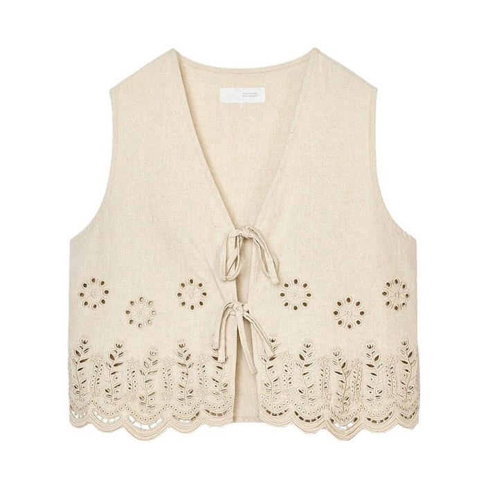ZARA 자라 여성 조끼 티 자켓 펀칭 자수 브이넥 민소매 리넨 베스트 재킷 6318044
