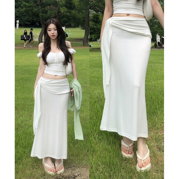 [본사출고] 워너비뮤즈 [1+1/왕골반/뱃살커버] 요물핏! 랩 매듭 맥시 스커트 트레이닝 밴딩 스판 롱치마 봄 여름 썸머 간절기 데일리룩 데이트룩 꾸안꾸 마실룩 공항룩 3COL