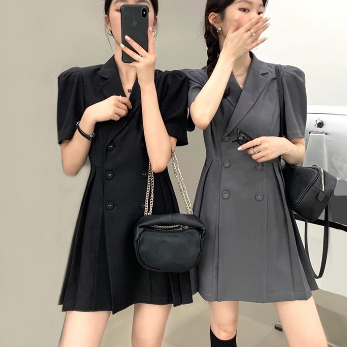 힙샵 봄신상 더블 버튼 주름 퍼프 H라인 플리츠 자켓 원피스 데이트룩 소개팅룩