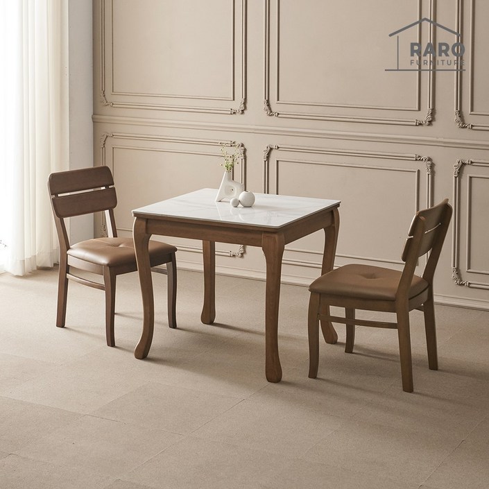 라로퍼니처 프렌치 800 유광 포세린 통 세라믹 2인 고무나무 원목 식탁 세트 식탁의자2, 화이트  월넛