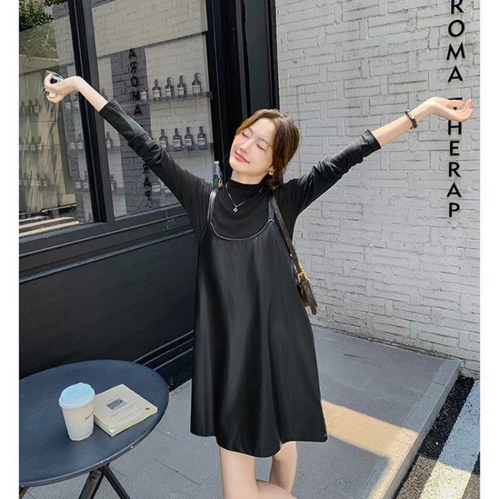 해피유통 여성 투피스세트 빅 사이즈 가죽 멜빵 원피스무지심플 어니티 jhj