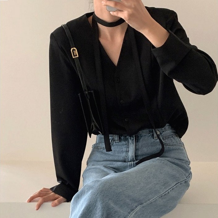 당일출고 비침X어깨퍼프허리잘룩하객룩고퀄 타이 브이넥 긴팔 블라우스리본소프트 스카프 결혼식하객룩 스트랩 크롭정장출근룩 블레이저 벚꽃룩봄못 청순빅사이즈 셔링벨트쉬폰