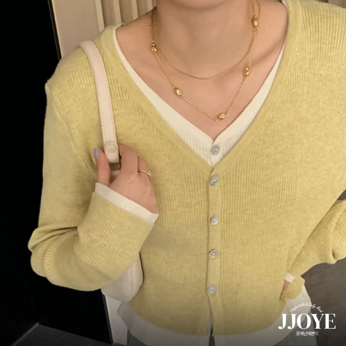 쪼예 레이어드 일체형 브이넥 배색 니트 세미크롭 긴팔 가디건
