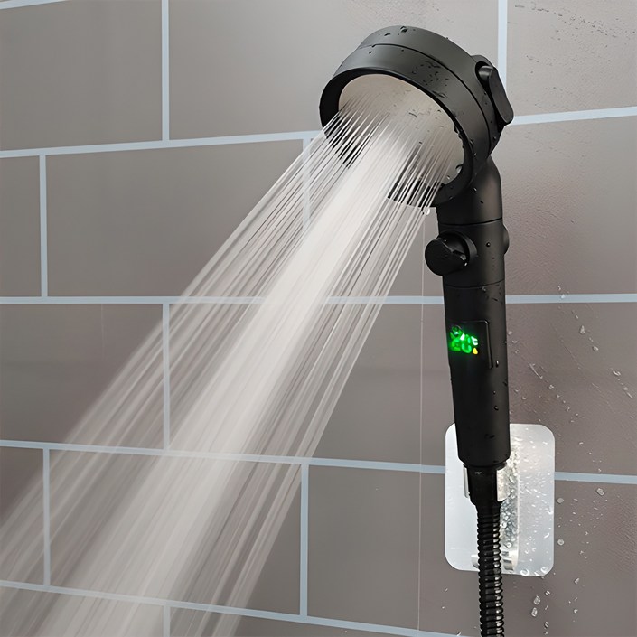 파워샷 퍼펙트 LCD 샤워기  수압상승 욕실청소 온도체크샤워기터치 스크린, 블랙, 1개