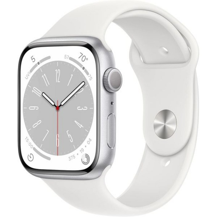 Apple Watch 시리즈 8 GPS, 45mm  흰색 스포츠 밴드가 있는 실버 알루미늄 케이스, SM갱신