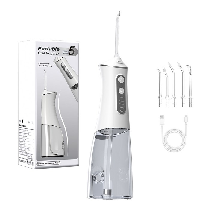 IPX7 방수 5모드 휴대용 워터픽 대용량 배터리 구강세정기, 화이트, TKORCYQ