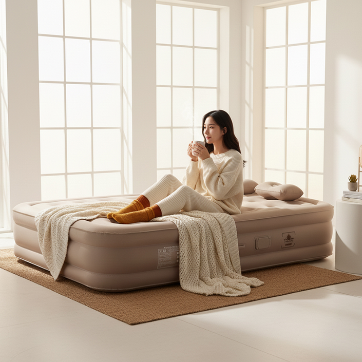 namu 에어 매트리스 D40 퀸사이즈 2-3인용+자동펌프+베개 세트, 베이지
