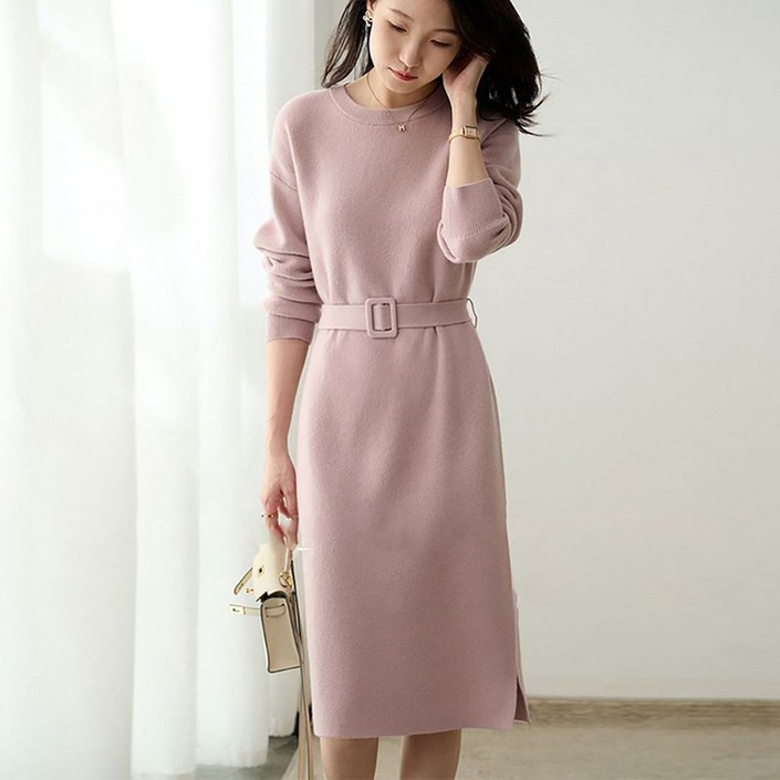 지고다그 여성 가을겨울 니트 원피스 롱슬리브 벨트 포인트 미디 드레스 우아한 데일리룩 HH2673