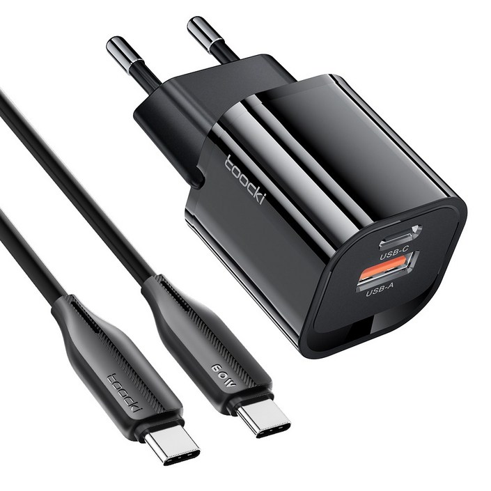 Toocki GaN PD3.0 PPS 33W C타입 미니 2포트 초고속 충전기 CtoC 60W 케이블 포함, 블랙, 1개 Toocki GaN PD3.0 PPS 33W C타입 미니 2포트 초고속 충전기 CtoC 60W 케이블 포함, 블랙, 1개