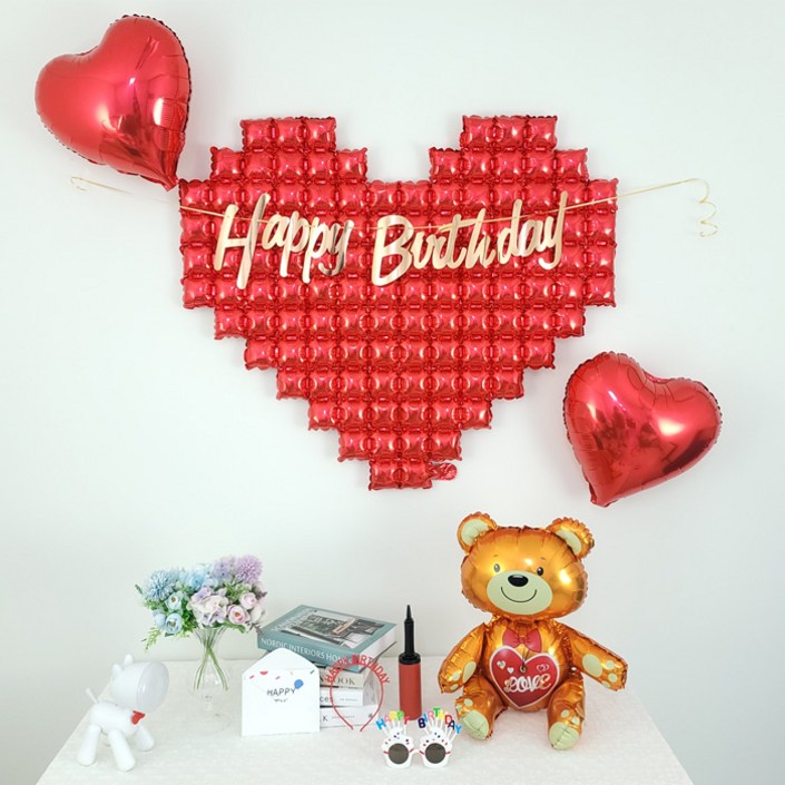 GAM 자이언트 빅하트 러브하트 곰돌이 풍선 생일가랜드 머리띠 안경 생일카드세트, 자이언트 빅하트 러브하트 곰돌이 풍선 파티세트, 1세트