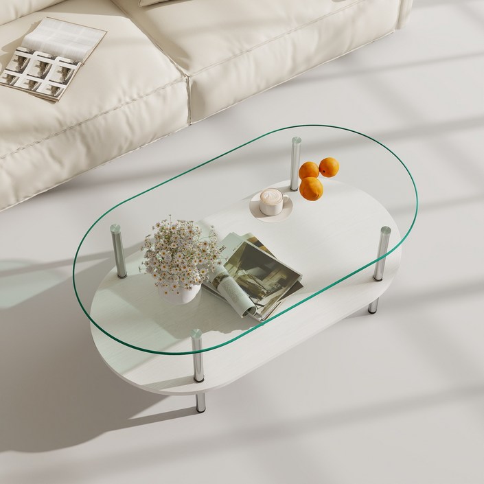 수납형 거실 소파 테이블 2단 타원형 거실테이블 10001200mm, 투명화이트1000