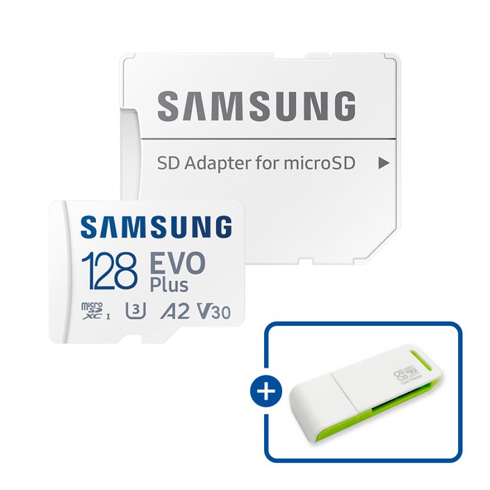 삼성전자 공식인증 정품 마이크로SD카드 EVO PLUS MBMC128SAKR  이엘 연두 카드 리더기 USB2.0 2in1