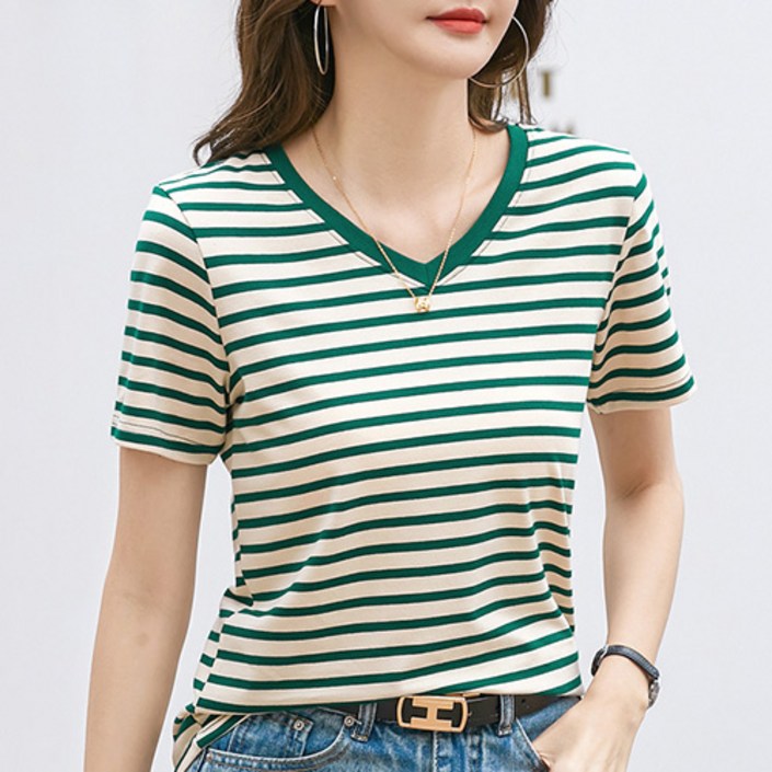 여성 데일리 브이넥 스트라이프 반팔티