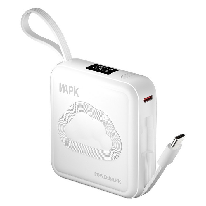 와피크 초소형 미니 보조배터리 M2 10000mAh 기내반입 잔량표시 내장케이블, 화이트