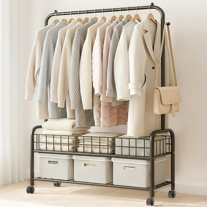 FODOSS 2단 업그레이드 대용량 튼튼한 이동식 가정용 행거 바퀴 달린 이동식행거, 검은색