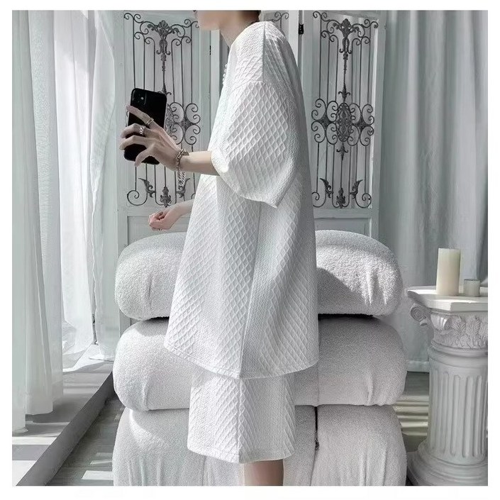 아톰닉 남자와플 셋업 몽드 텍스처 릴렉스 셋업 스노우 코튼 무드세트 화이트클라우드 릴렉스핏남녀공용 와플 반팔반바지 세트여름용 오버핏 와플 셋업