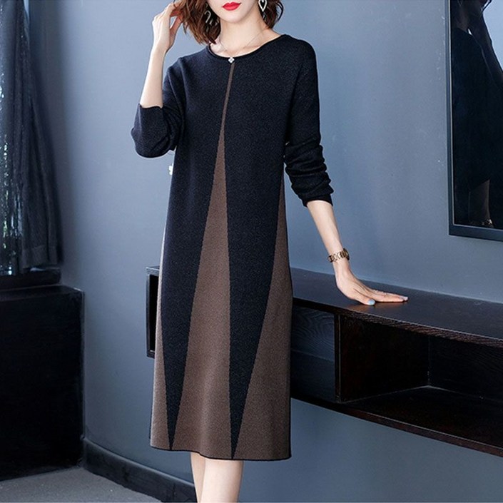 COSYEVNO 중년 엄마 긴팔 원피스 겨울 라운드 니트 빅사이즈 패션 프린트 40-50대 롱스커트 CXJmmlyq-04