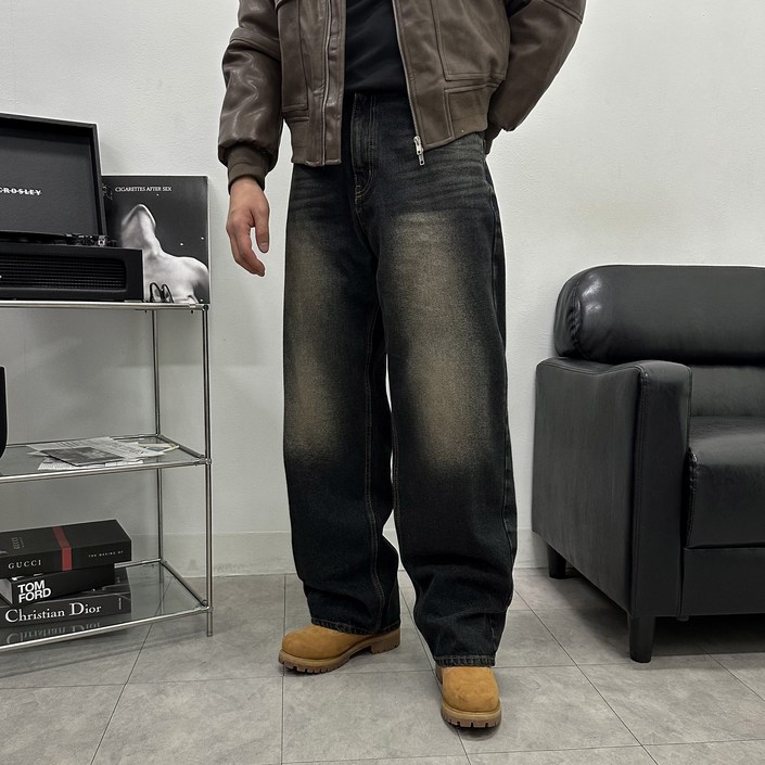 사계절 샌드워싱 와이드 데님팬츠 브러위 워싱 세미와이드 청바지 사계절 샌드워싱 와이드 데님팬츠 브러위 워싱 세미와이드 청바지