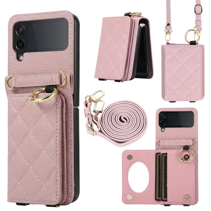 EVOL Z플립 케이스 퀄팅 가죽 힌지보호 핑거링 내장 거울 2장수납 카드지갑 스트랩 포함