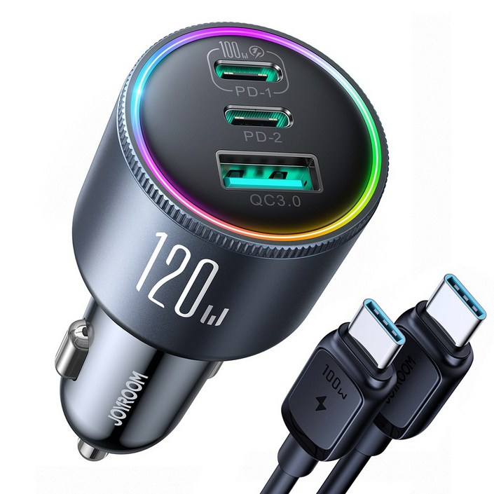 아이베리 조이룸 120W PD 3.0 PPS QC 3.0 3포트 차량용 초고속 시거잭 충전기 100W 케이블 100W 35W 18W 단독 출력