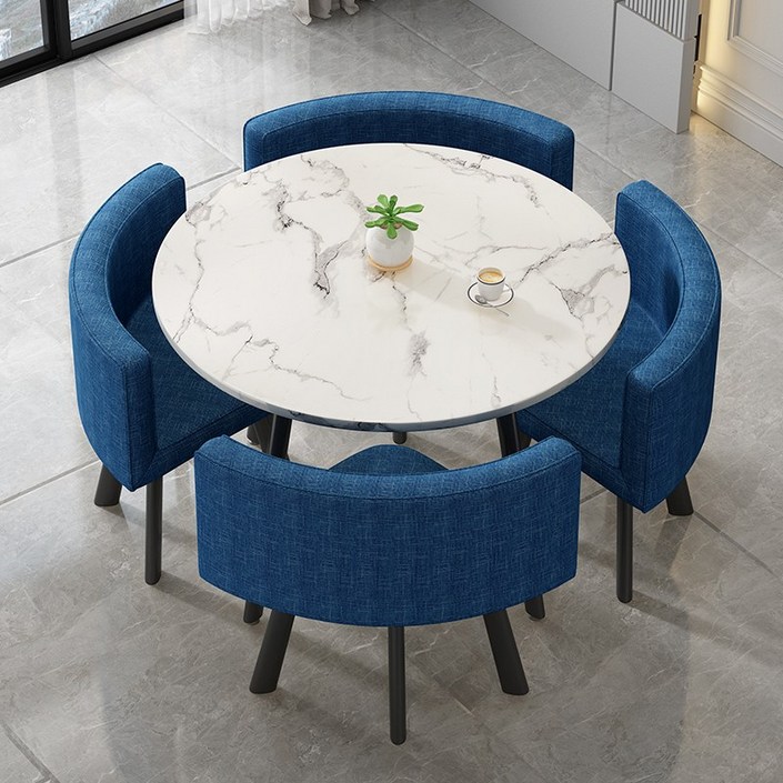 4인용 원형 올인원 테이블 의자 세트 카페 공간활용, 네이비 블루 패브릭 테이블