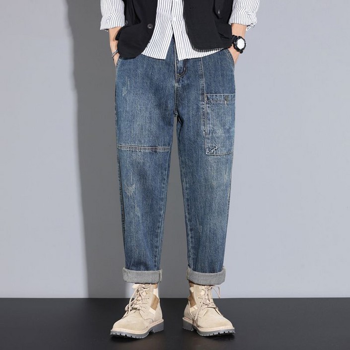 AOKADA 남성 루즈핏 데님 팬츠 가을 배기 청바지