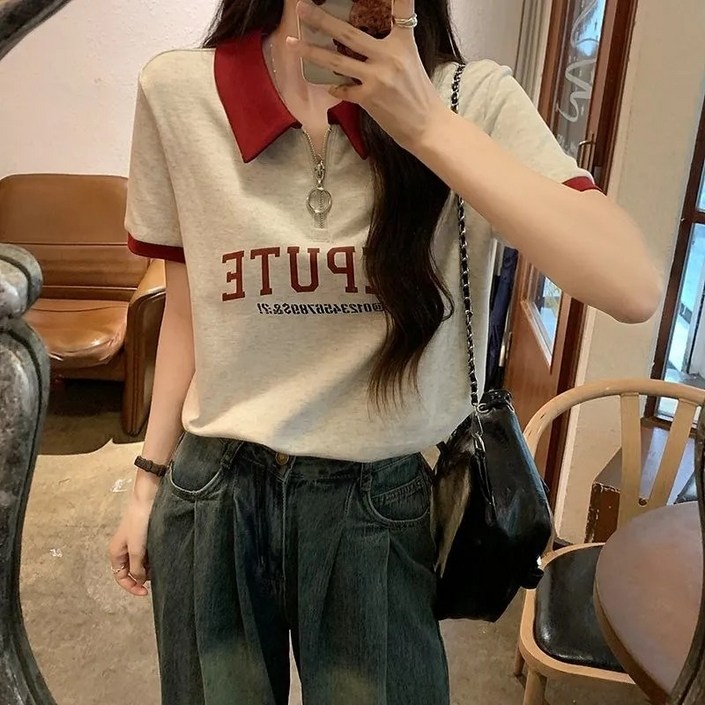 더블유앤케이 여성 여름 카라넥 패치워크 색상 티셔츠